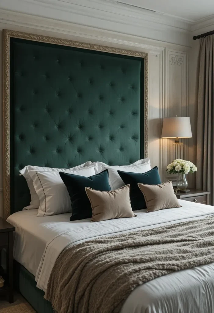 Dark green bedroom with velvet textures adding richness and elegance