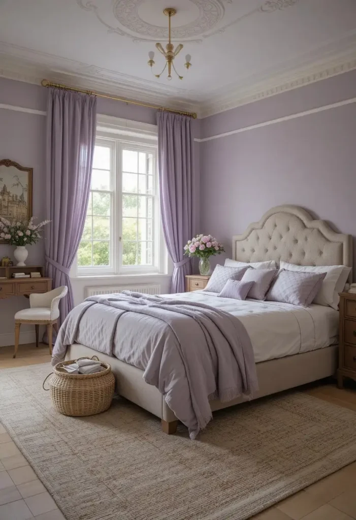 Lavender and beige bedroom with soft elegant styling