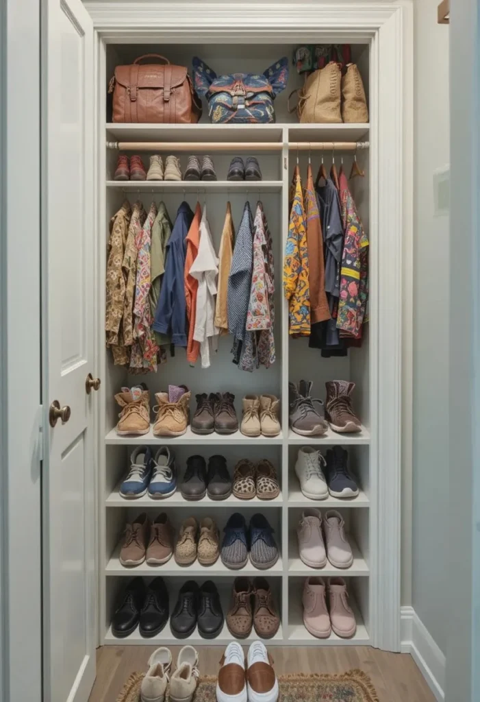 Kids closet shoe cubbies with neatly organized footwear