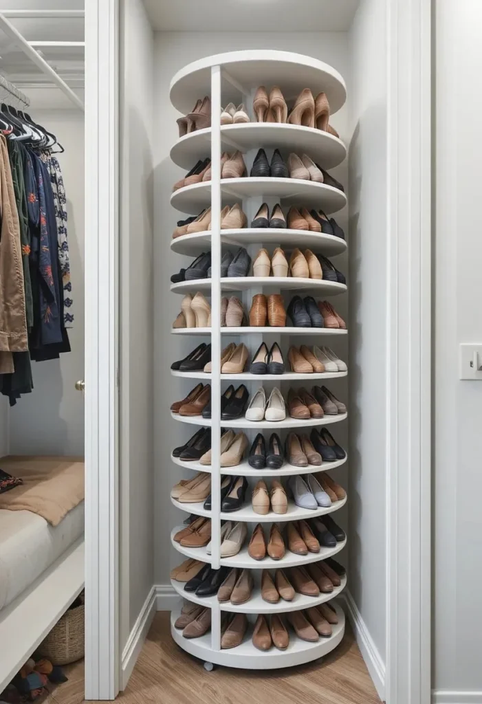 Rotating shoe rack organizer in a compact closet space