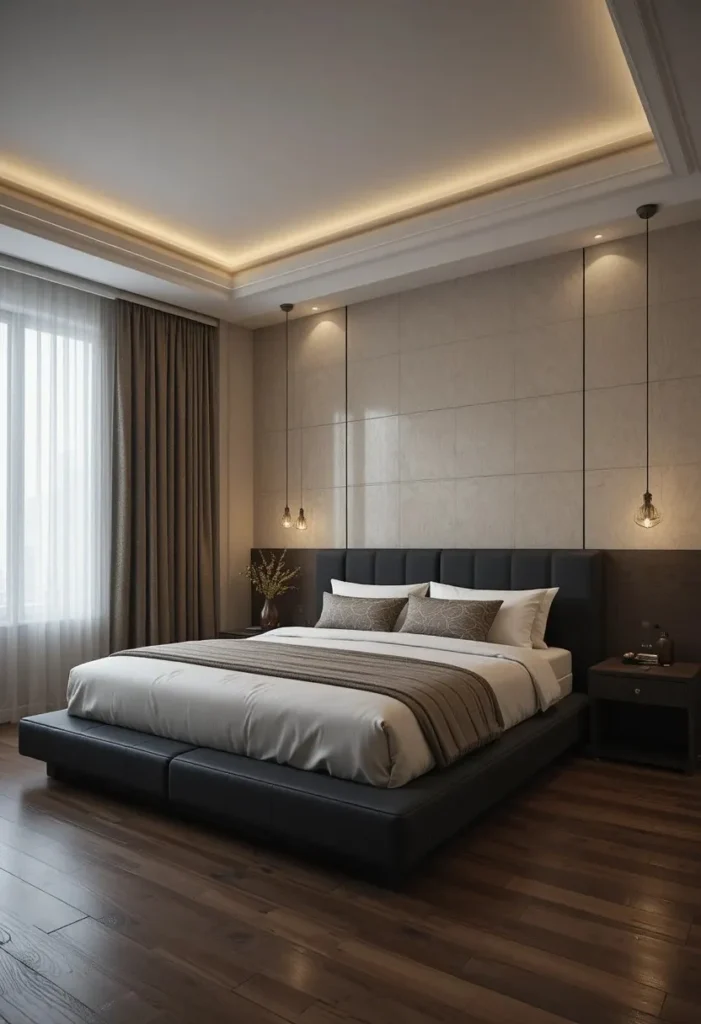 Black bedroom furniture with warm wood flooring