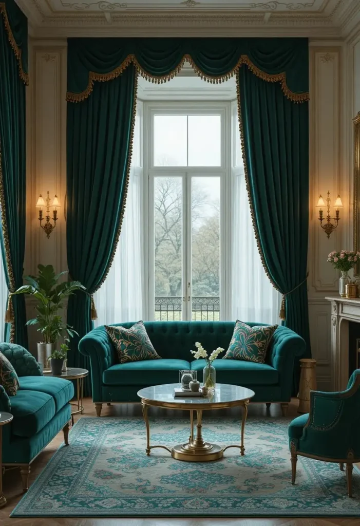 Emerald velvet curtains in a luxurious cozy living room.
