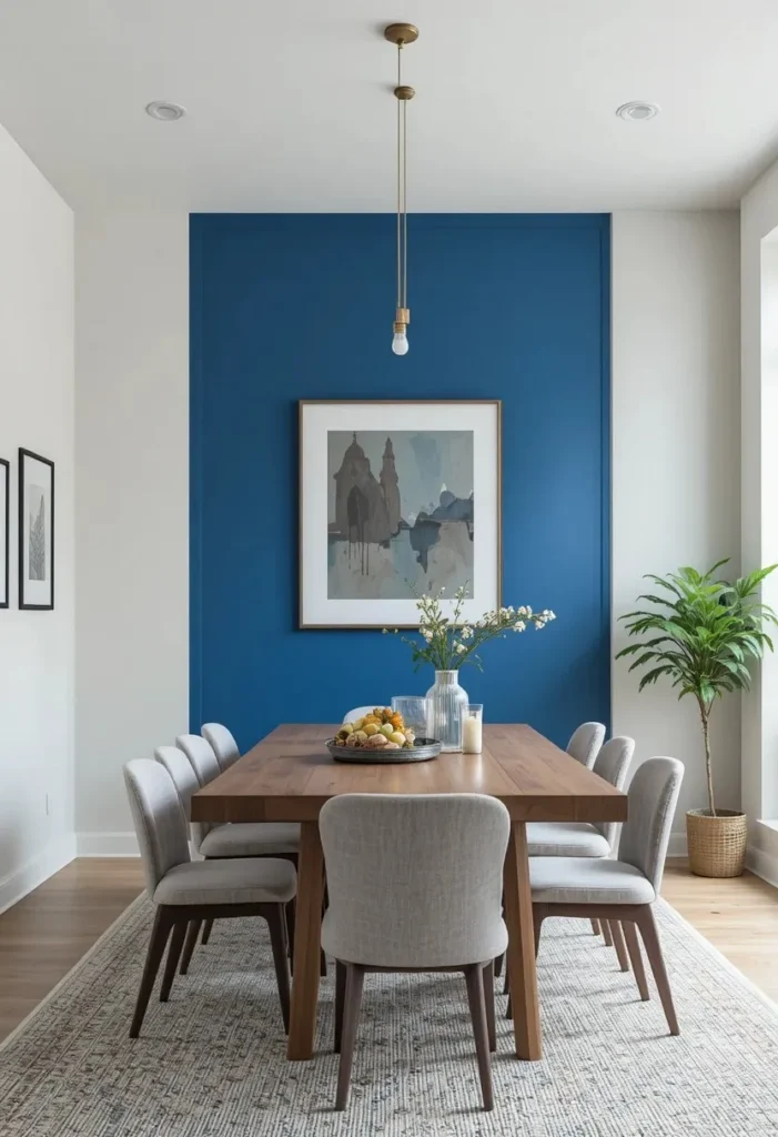 Dining room with blue accent wall behind table creating a subtle focal point