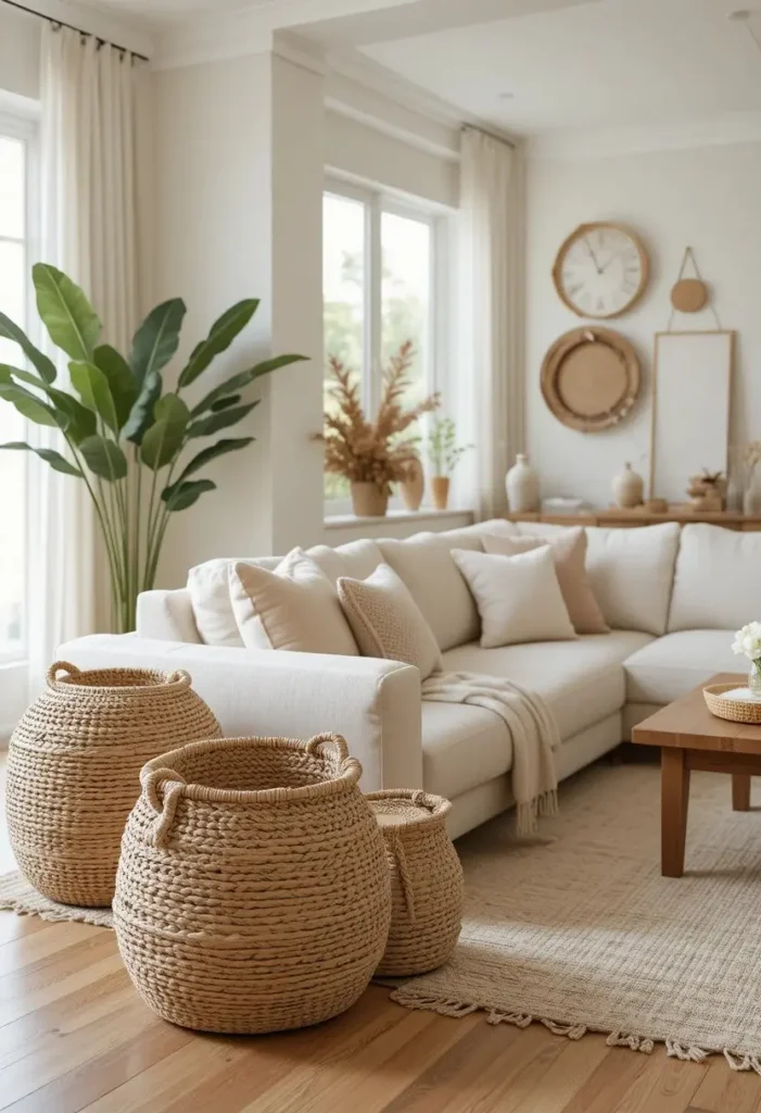 Woven baskets used for stylish toy storage in a cozy living room.