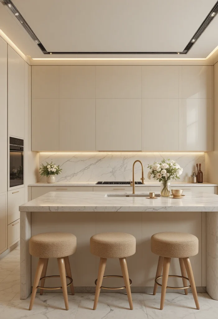 Beige kitchen with marble island and gold accents