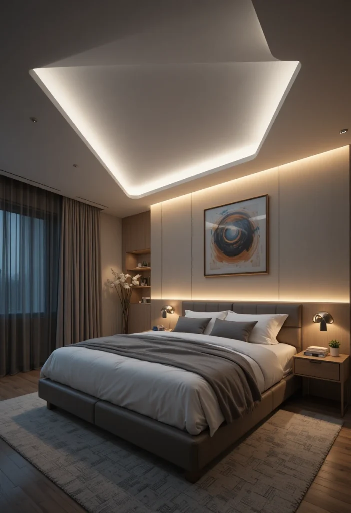 modern bedroom with recessed LED ceiling lighting and warm glow