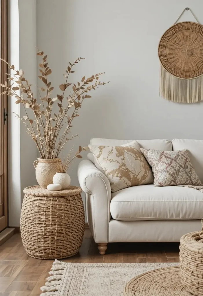 Woven basket side table in a boho living room