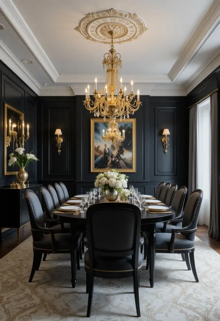 Black dining room with gold accents creating elegant and luxurious atmosphere