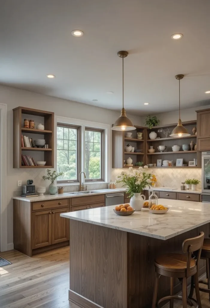 L shaped kitchen with open shelves and soft modern island styling.