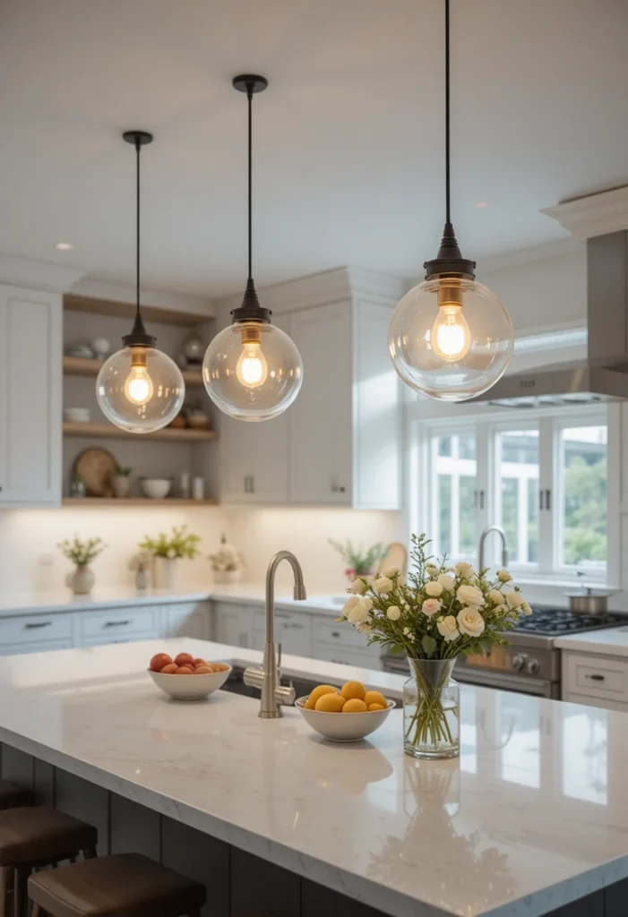 Glass globe pendant lights adding soft elegance to kitchen island