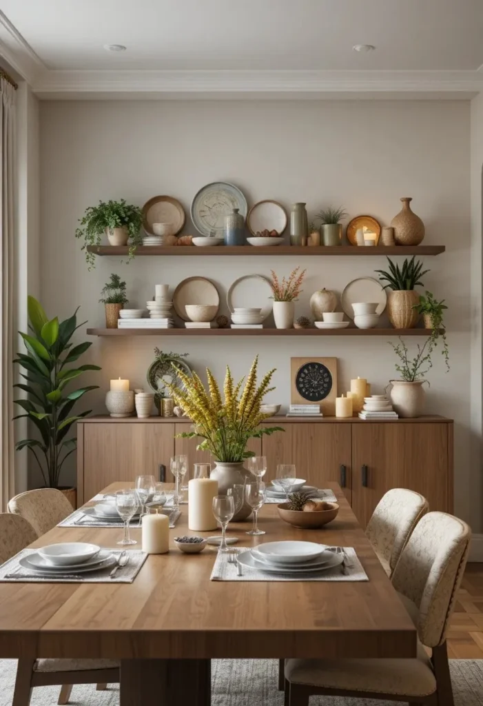 Dining room wall with floating shelves and soft decorative accents.