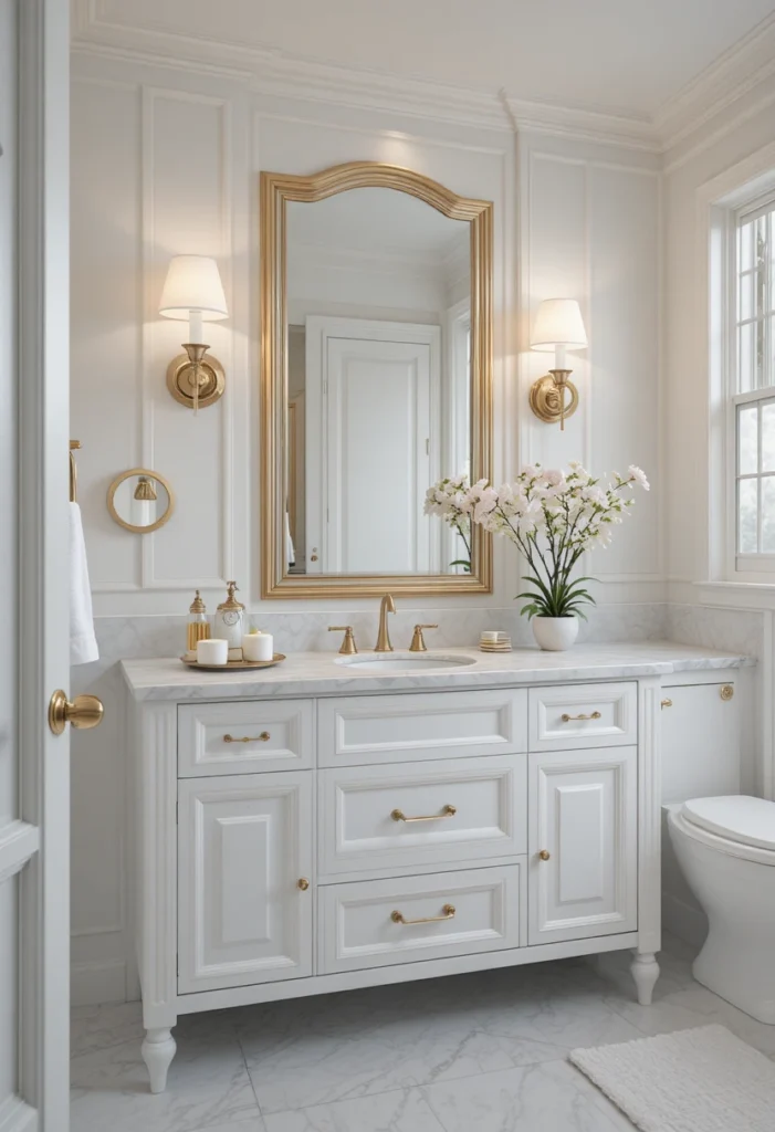 White bathroom with soft gold accents and elegant warm decor.