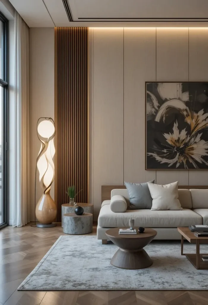 Sculptural designer floor lamp in a modern living room.