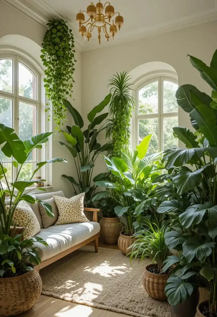 Green-filled sunken living room with indoor plants and natural decor.