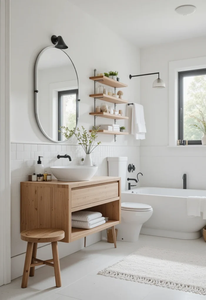 White bathroom with warm wood accents and Scandinavian-inspired styling.