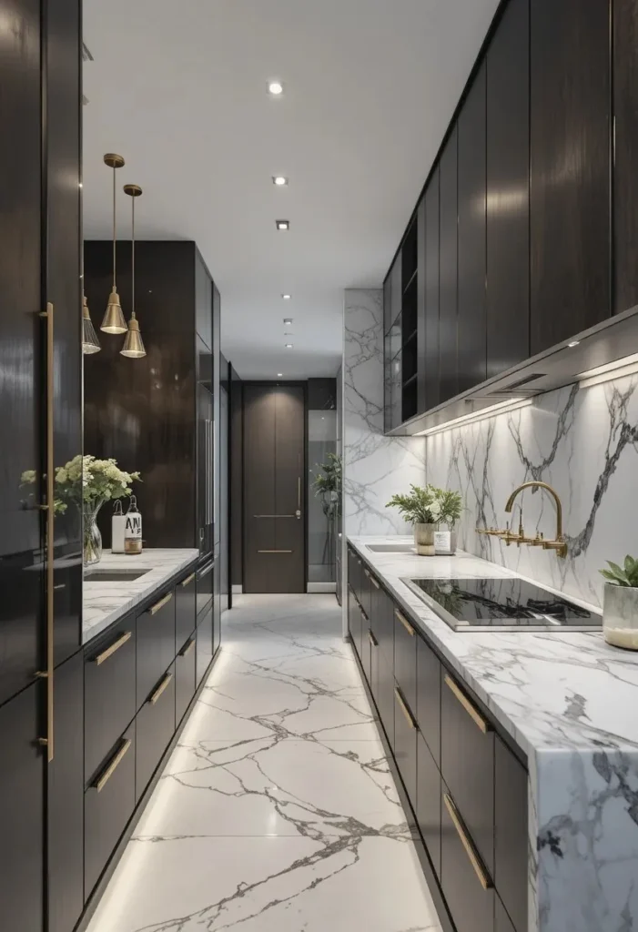 Statement backsplash in a modern long kitchen