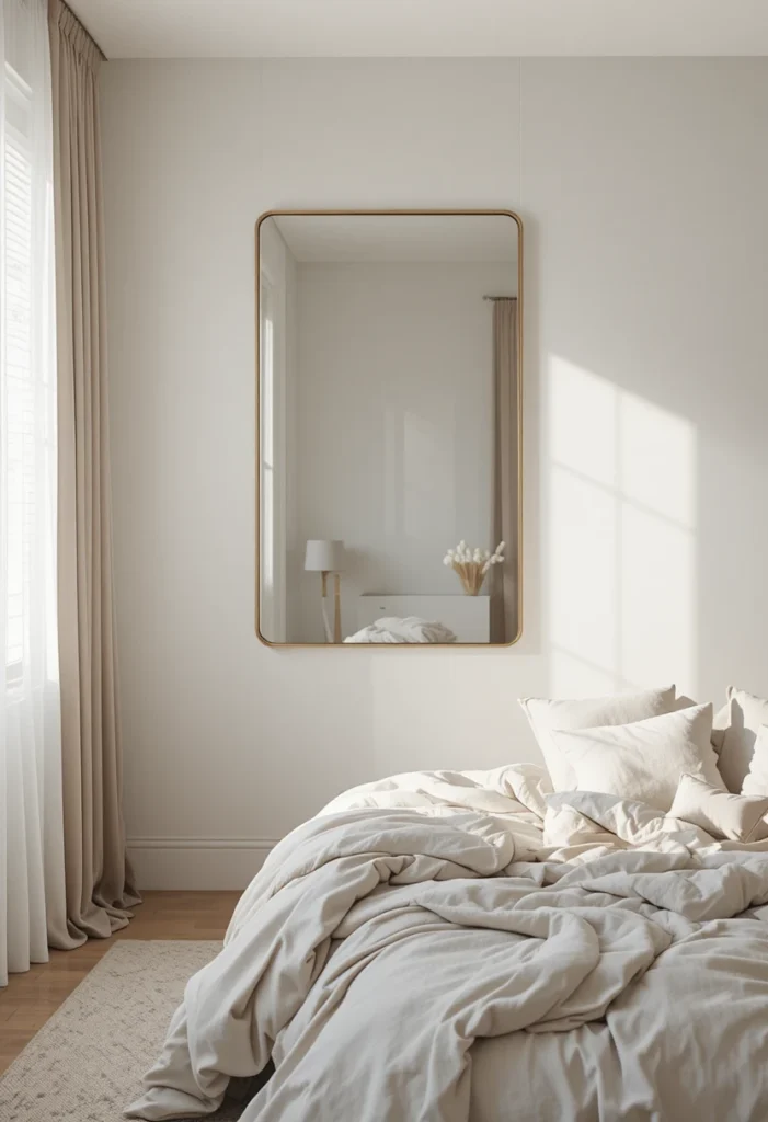 Frameless mirror creating a seamless modern look that keeps the bedroom calm and open.