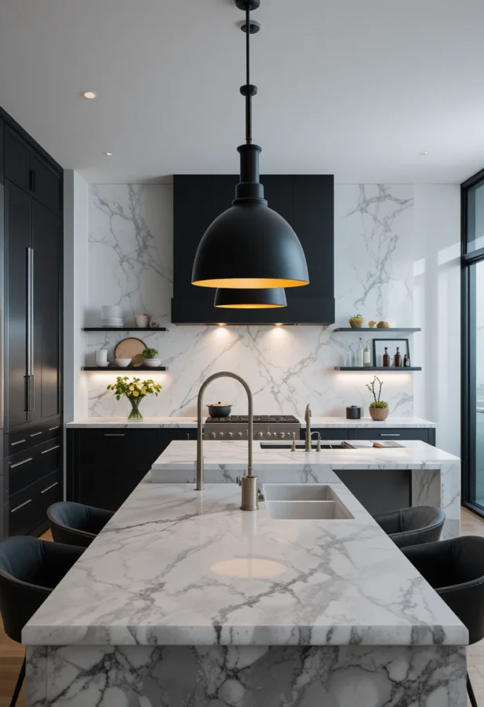 Black metal lighting adding contrast to a light kitchen island