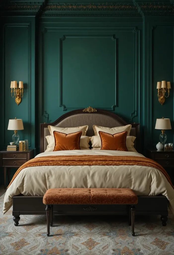 Emerald green luxury bedroom with burnt orange accents and gold lighting