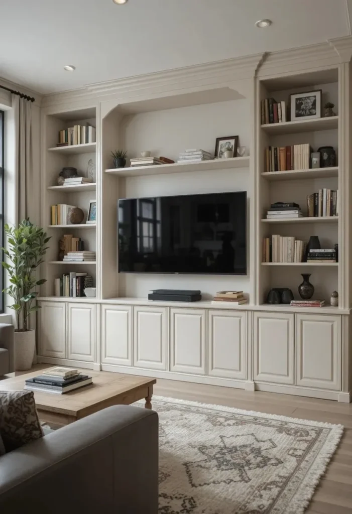Built-in shelves with cabinet storage creating a clean and functional look