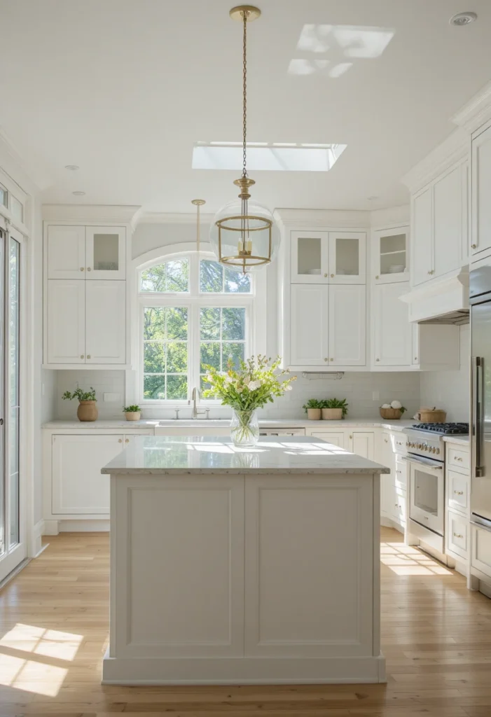 Glass pendant lighting creating an open and airy kitchen island feel
