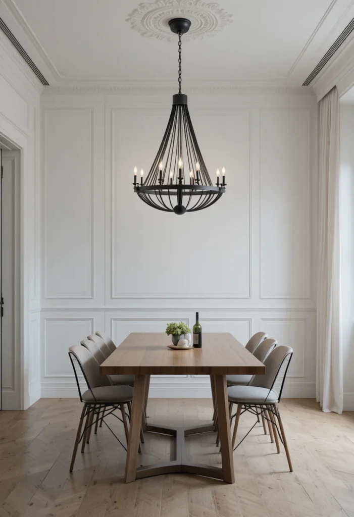 Black metal chandelier adding bold contrast above dining table