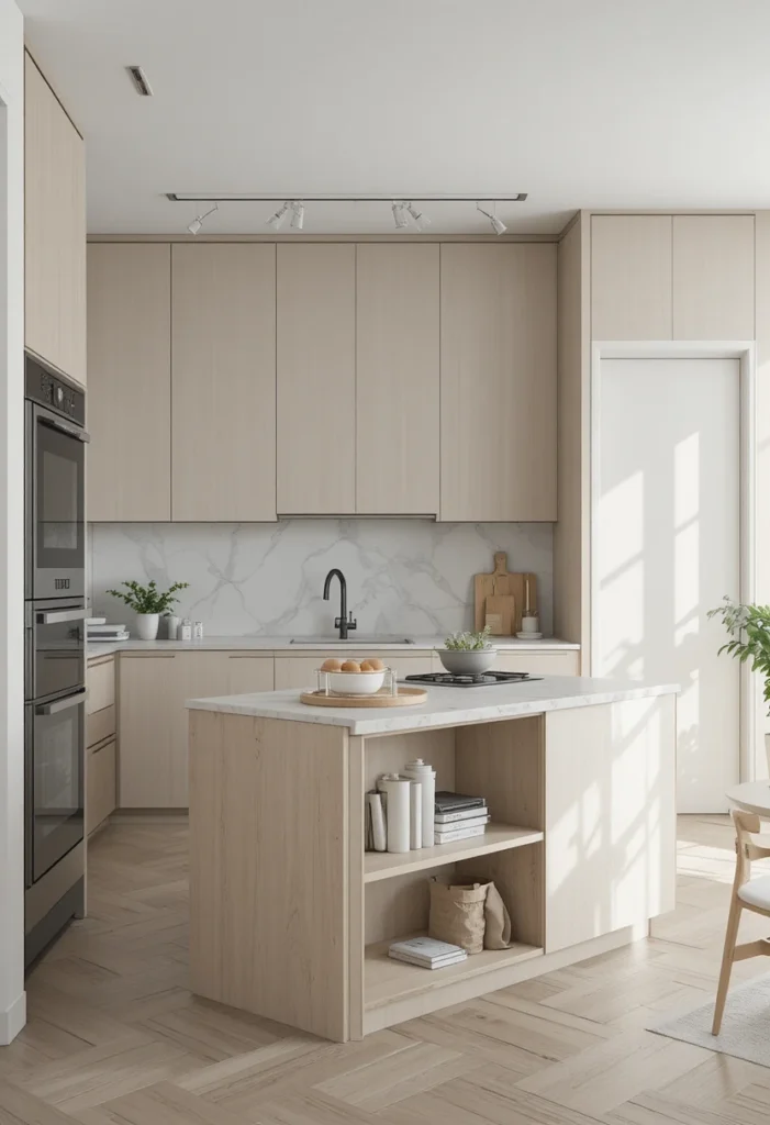 Minimalist kitchen with hidden storage island and sleek cabinets