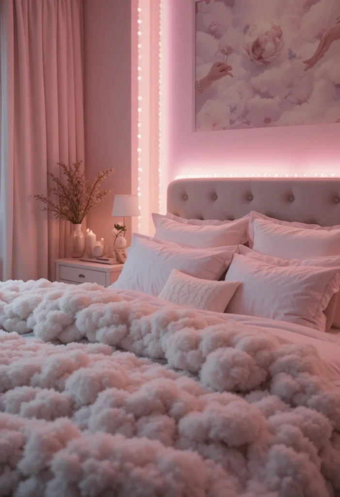 pink LED bedroom lighting with soft cozy aesthetic decor