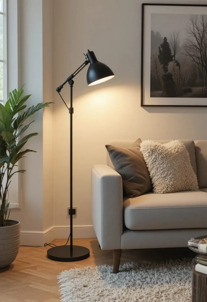 Adjustable arm floor lamp beside a sofa in a modern living room.