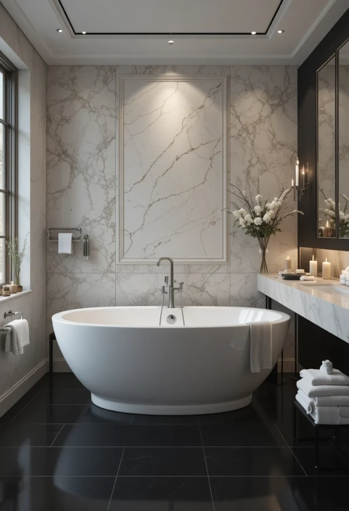 White freestanding tub with black bathroom floor tiles