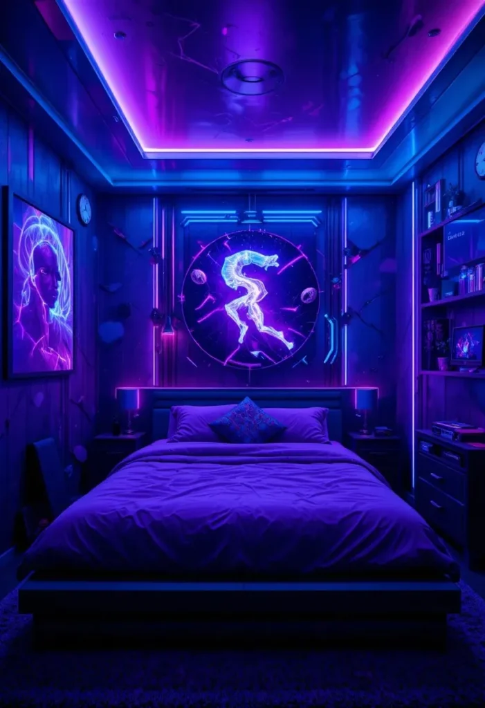 purple and blue LED bedroom mood lighting with modern aesthetic