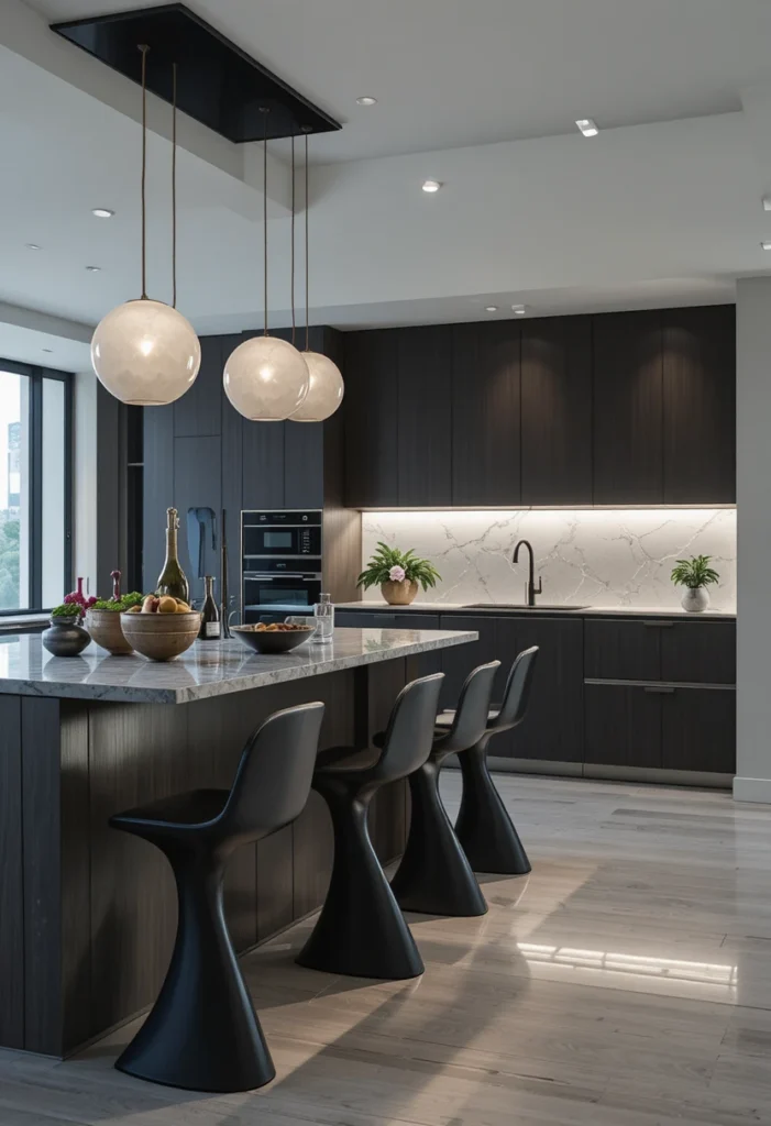 Statement bar stools kitchen island as bold focal point in modern designer kitchen