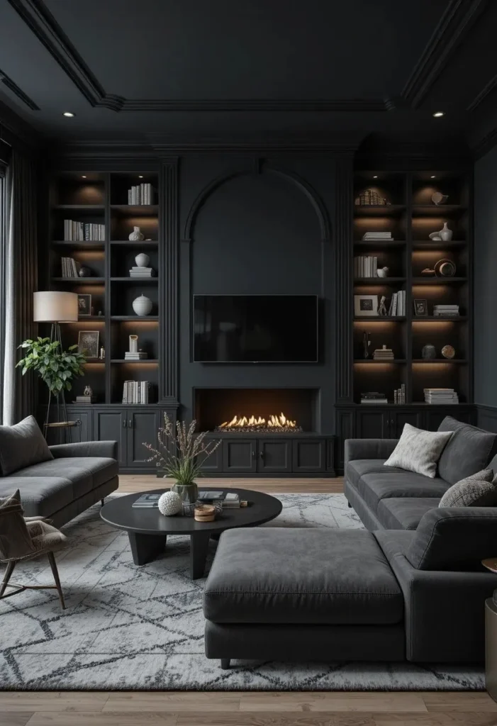 Dark built-in shelves adding depth and drama to living room