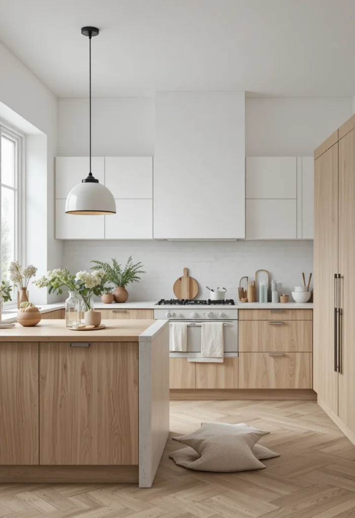 Scandinavian kitchen with light wood island and minimal design.