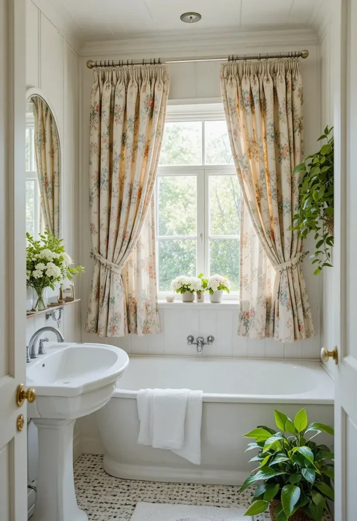 Floral bathroom curtains creating a warm and charming cottage look.