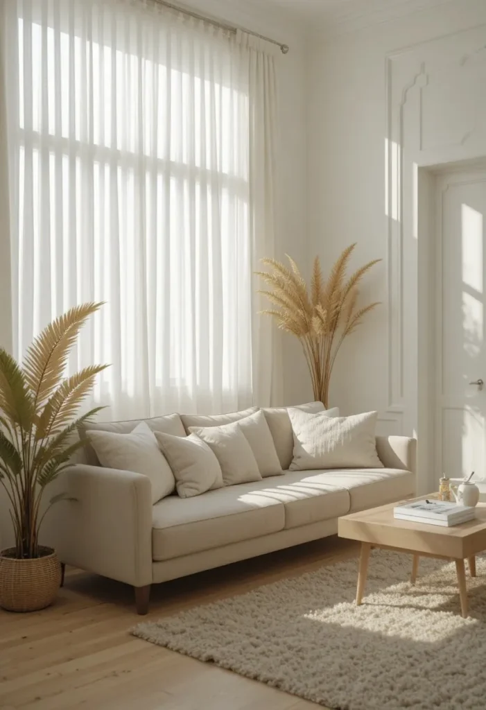 Sheer white curtains in a bright airy living room with soft neutral decor.