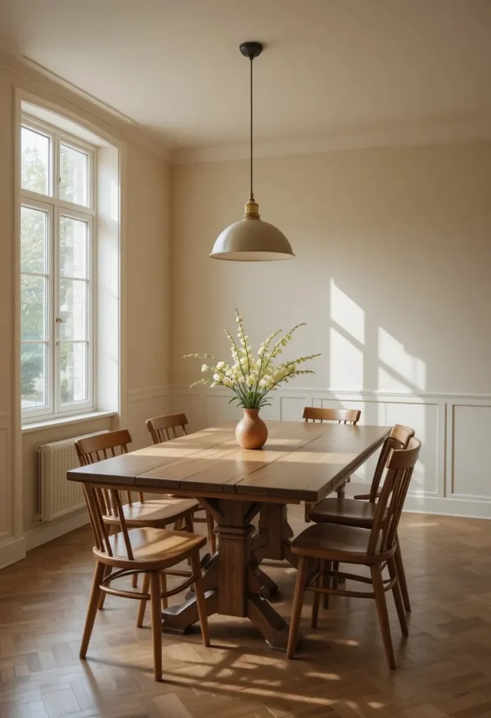 Modern dining room with natural wood warm design