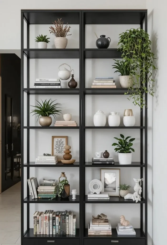 Black shelving unit styled with neutral decor and plants