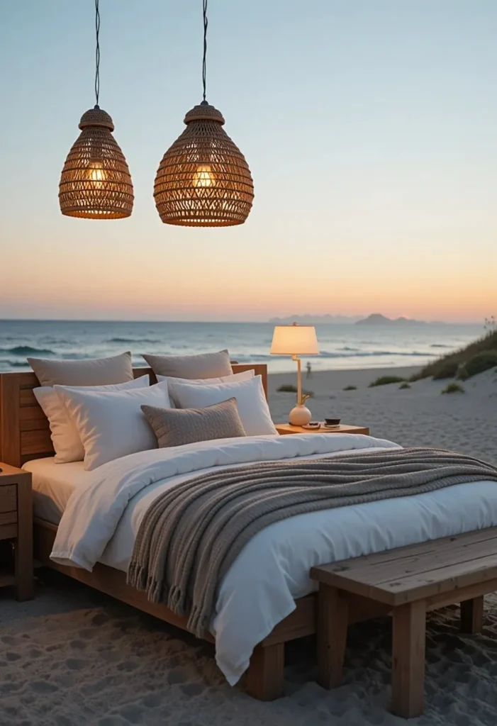 Soft coastal lighting in a relaxing beach bedroom