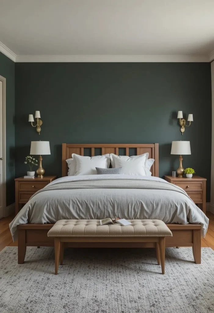 Dark green bedroom paired with warm wood furniture for a cozy and natural look
