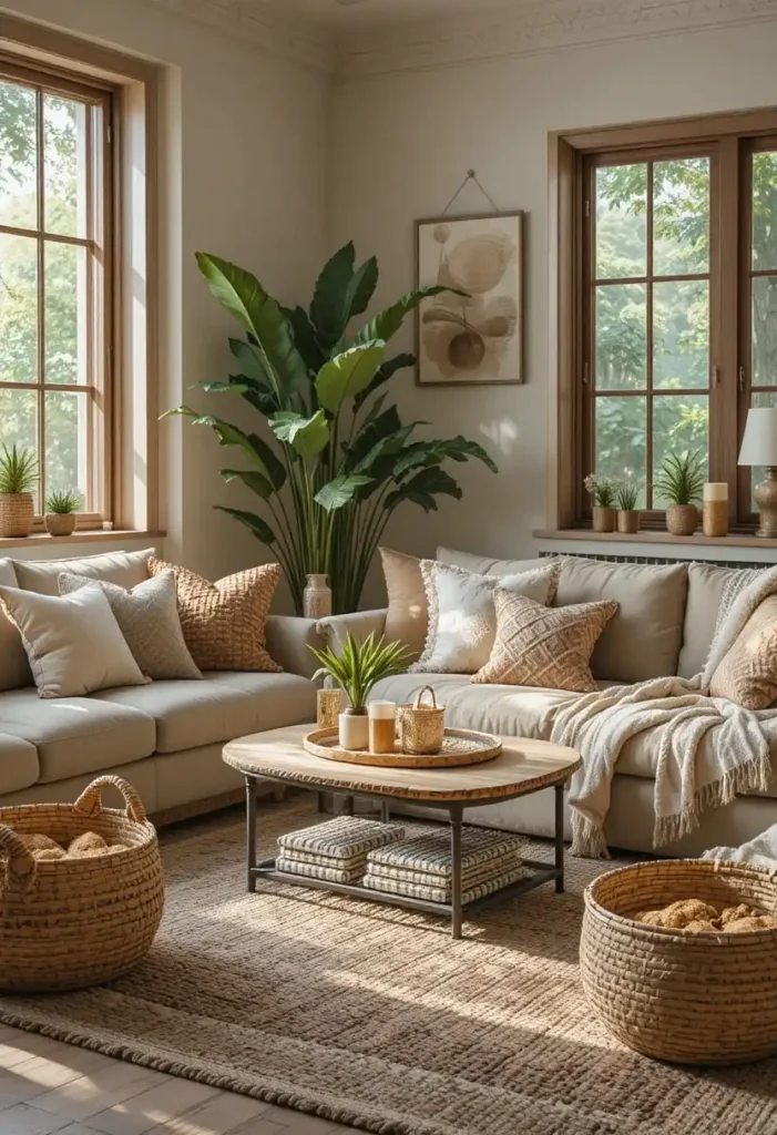 Woven baskets styled inside a boho living room