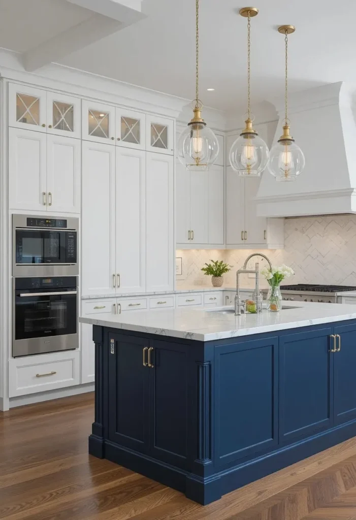 White kitchen with navy blue island and gold hardware