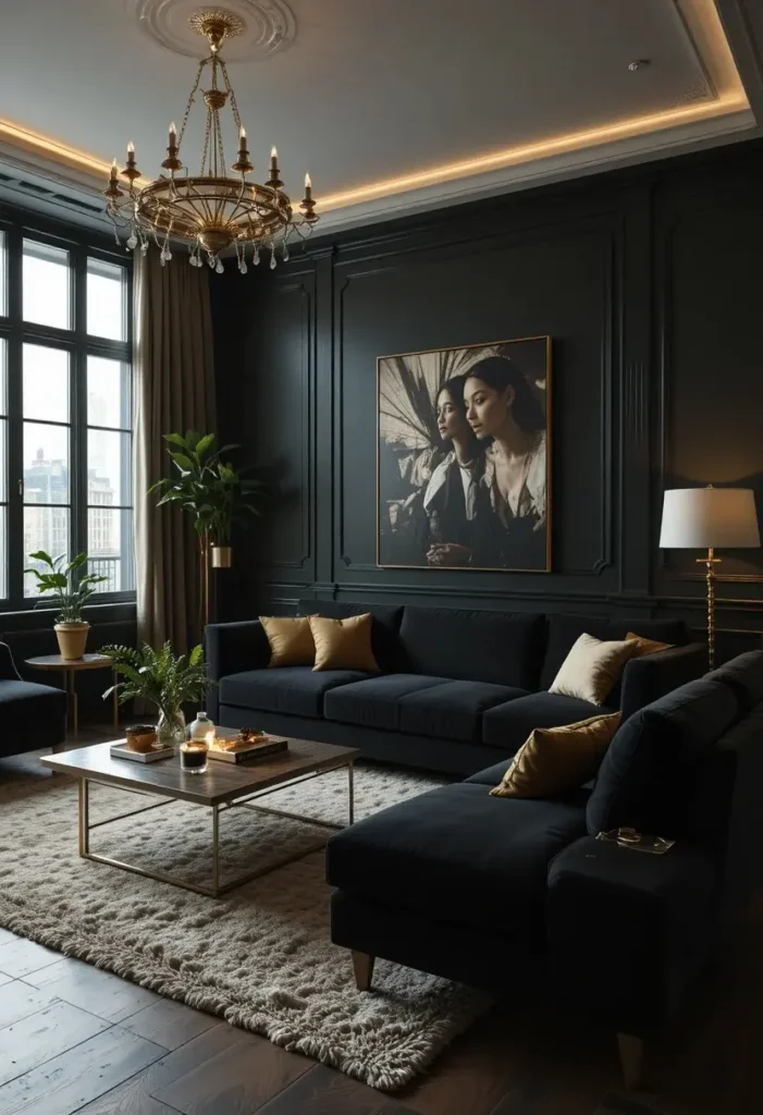 Black furniture in moody dark wall living room
