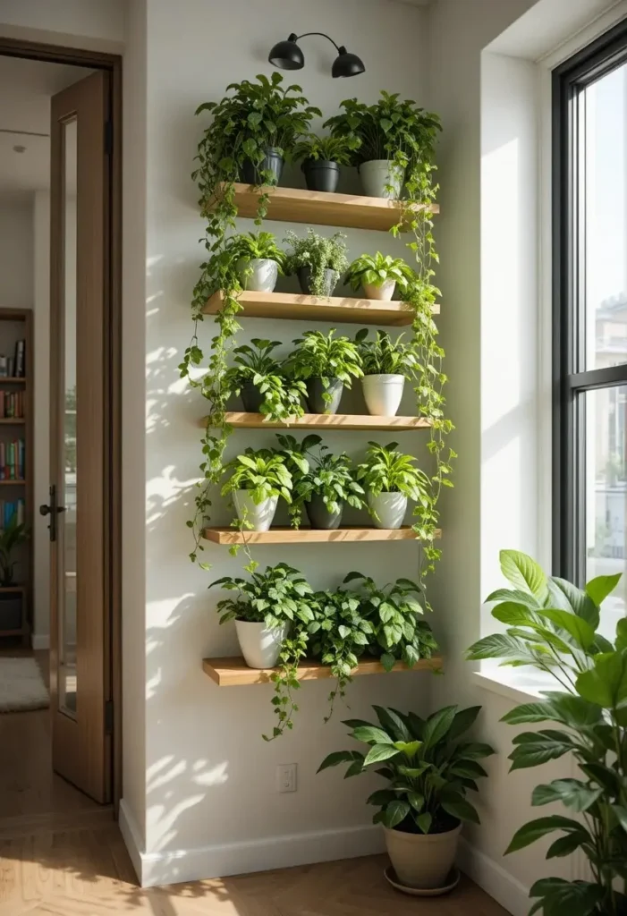 corner plant wall shelf ideas for small cozy spaces