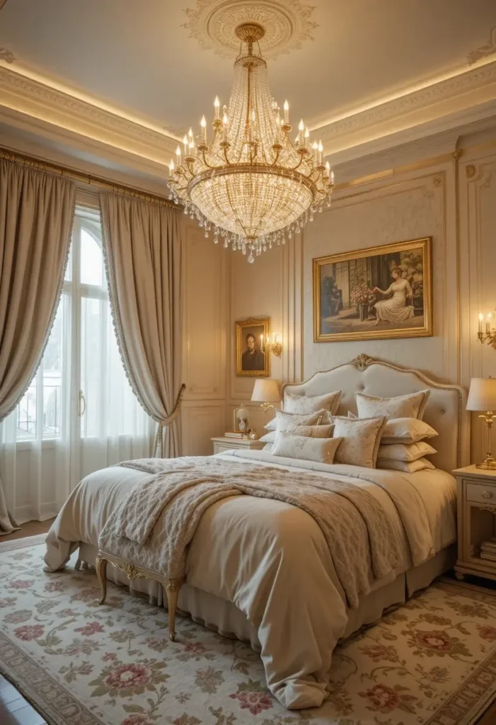Crystal chandelier glowing in an elegant cozy bedroom