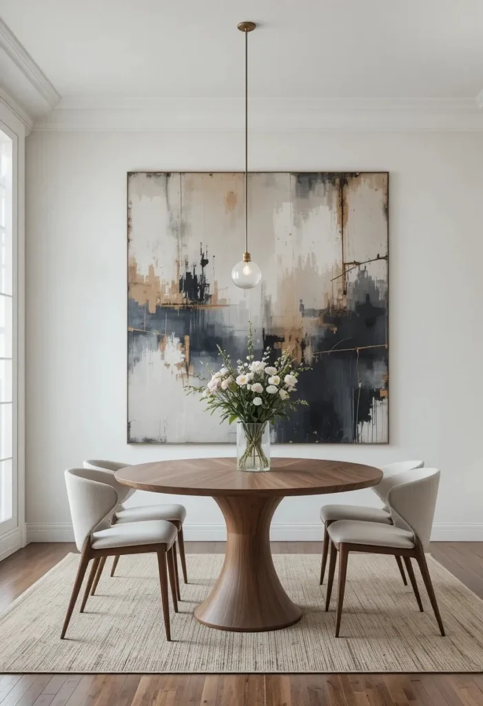 Modern dining room featuring bold wall art as focal point