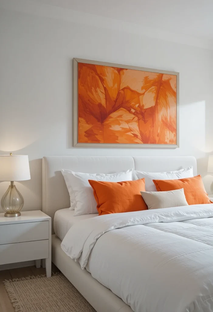Modern white bedroom with bright orange accents and minimal decor.