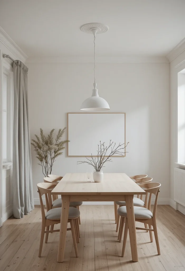 Minimal pendant light creating calm clean dining atmosphere