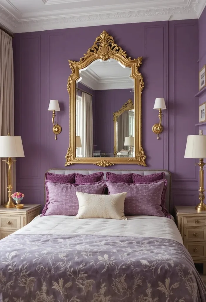 Purple bedroom with elegant gold accents and warm decor