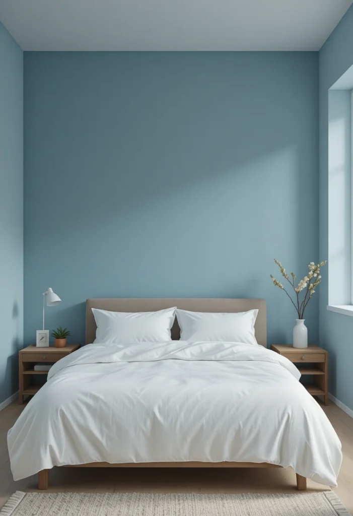 blue and white minimalist bedroom with clean calming decor